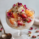 Modern Ambrosia Salad in glass dessert bowl with rose petals and pistachios