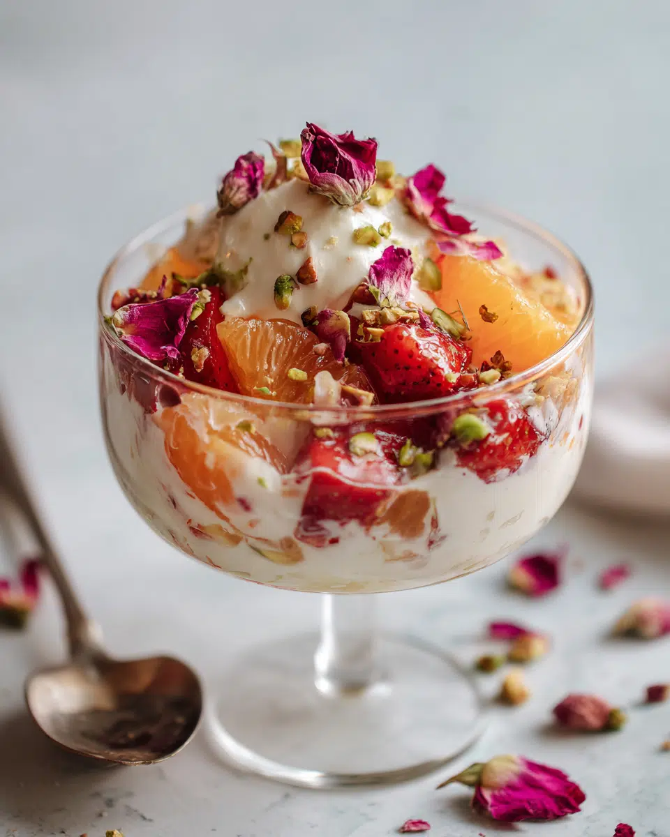 Modern Ambrosia Salad in glass dessert bowl with rose petals and pistachios