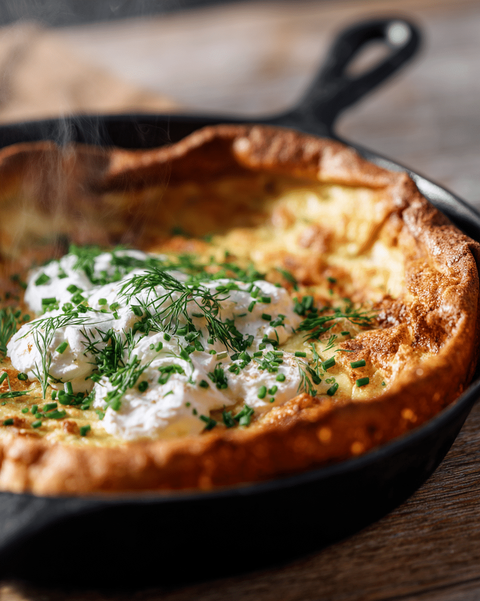 Savory Dutch baby in skillet with whipped feta and herbs