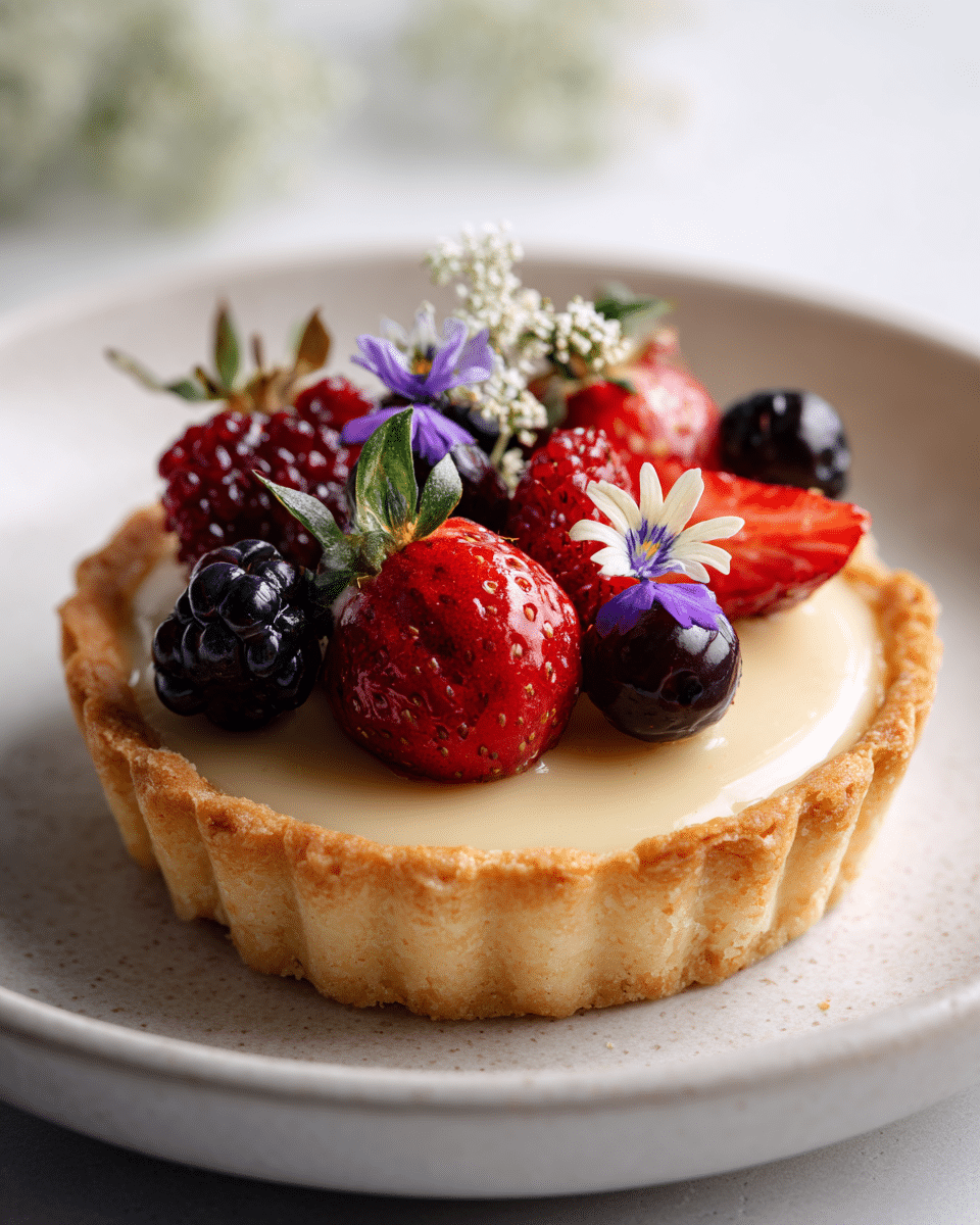 earl grey panna cotta tart with berries and flowers