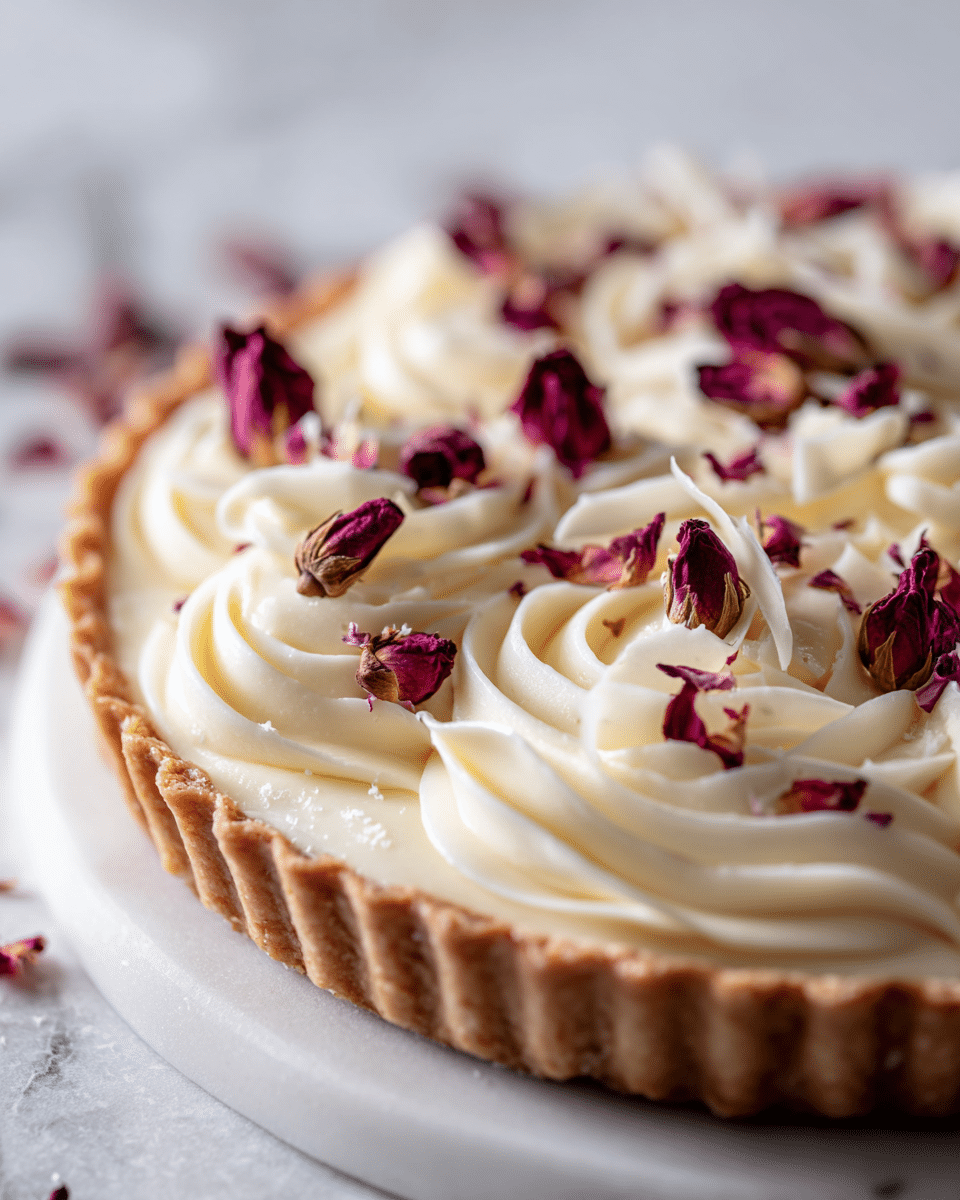 no-bake white chocolate and rose mousse tart on marble