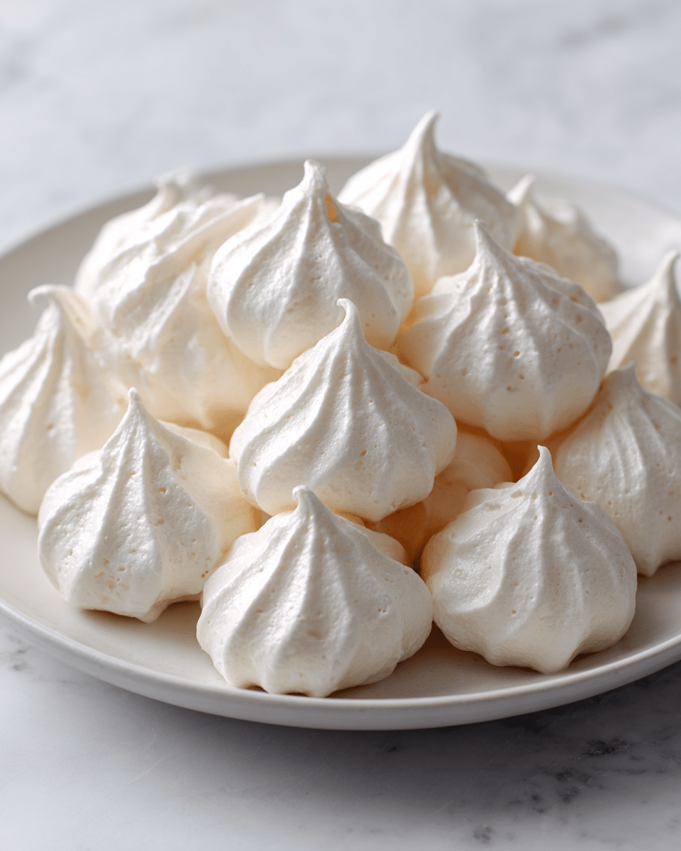 aquafaba meringue kisses on a white plate with glossy finish