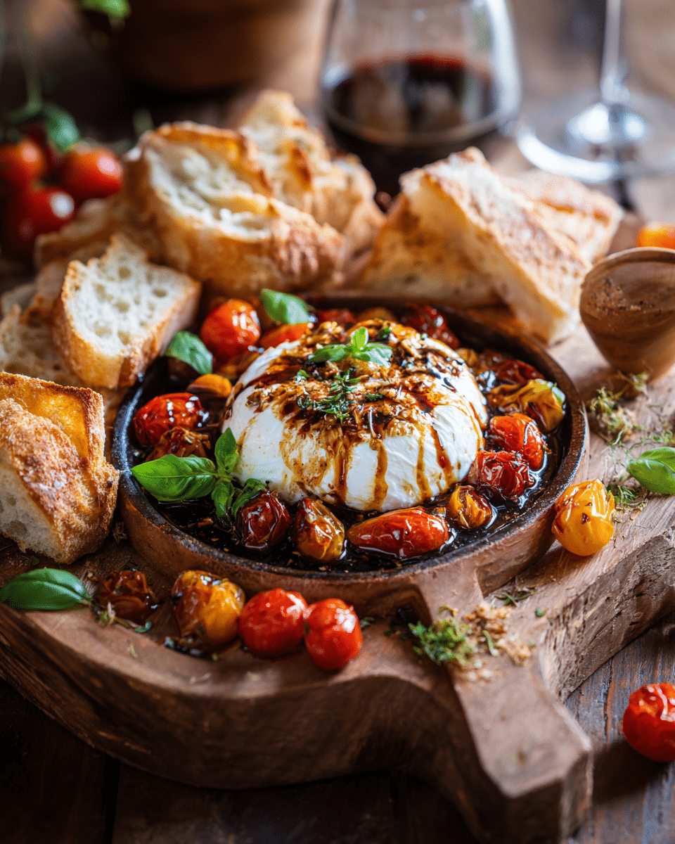 Serving Skillet Baked Burrata with Bread and Wine