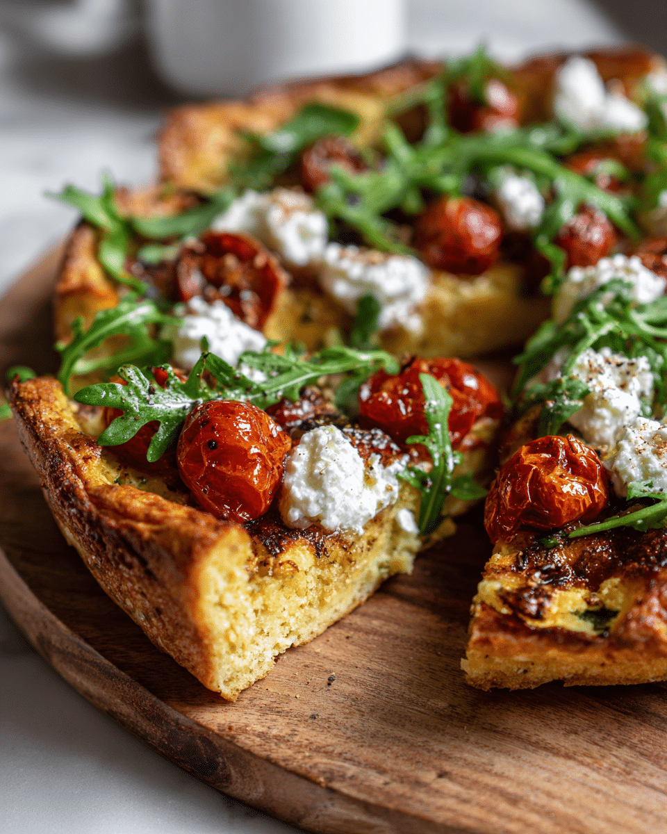 Dutch baby with whipped feta, tomatoes, and arugula