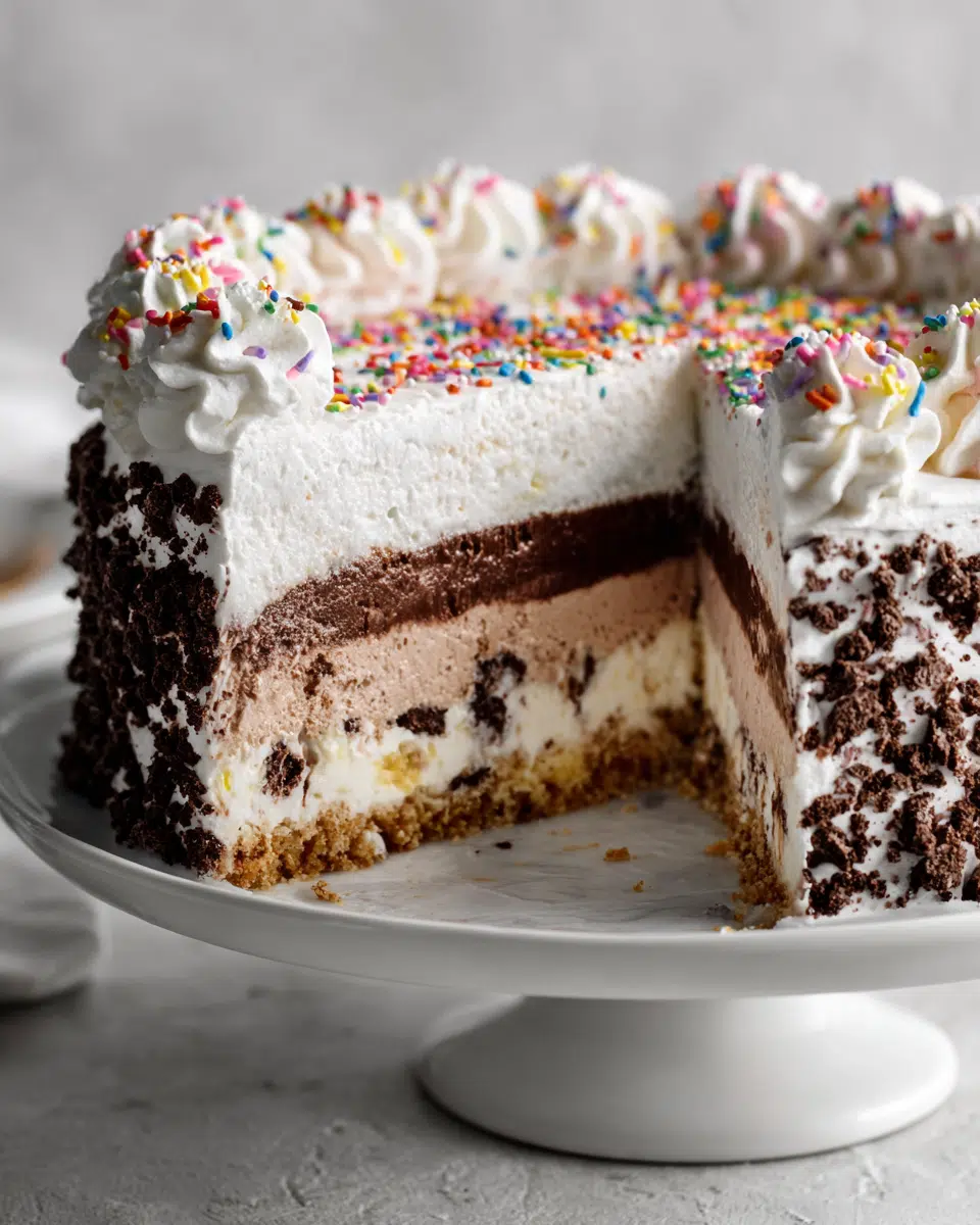 Whole Carvel ice cream cake with chocolate crunchies and whipped frosting