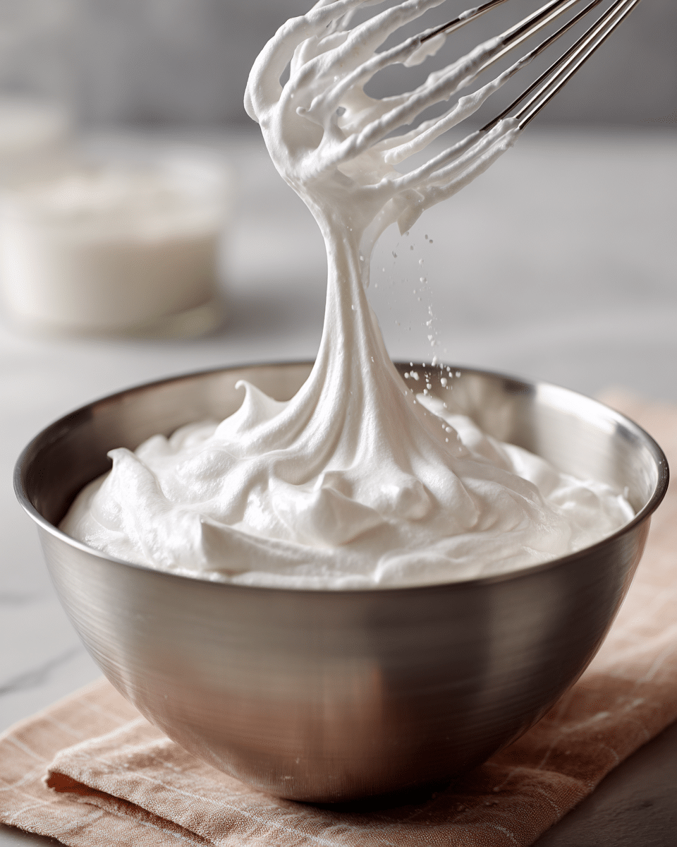 aquafaba whipped into glossy stiff peaks for meringue kisses