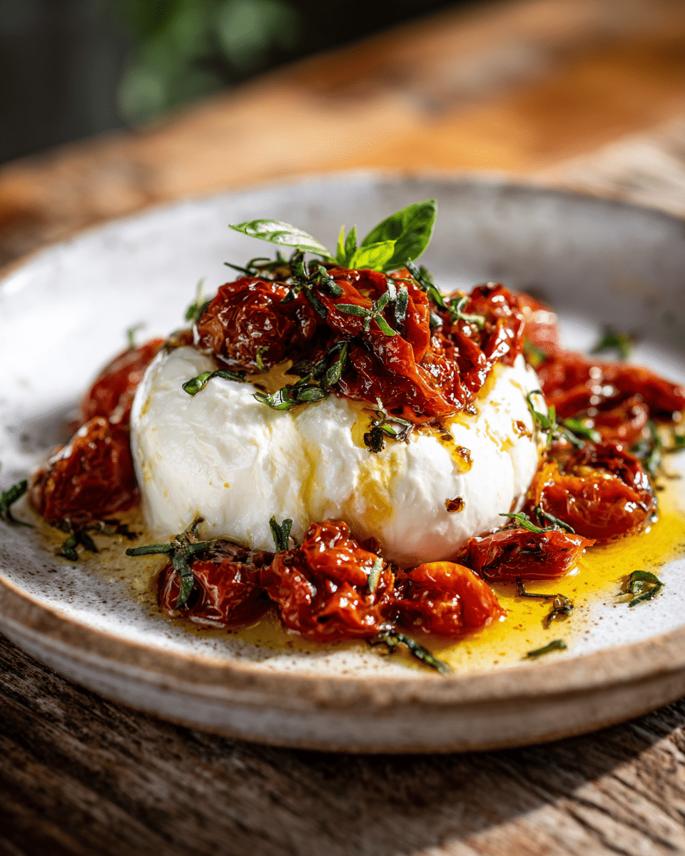 Burrata with tomato confit served with fresh basil and olive oil.