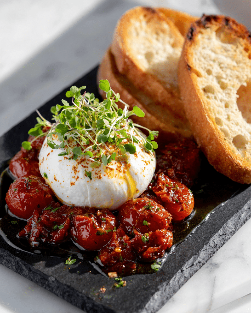 Burrata with tomato confit served with microgreens and toasted bread.