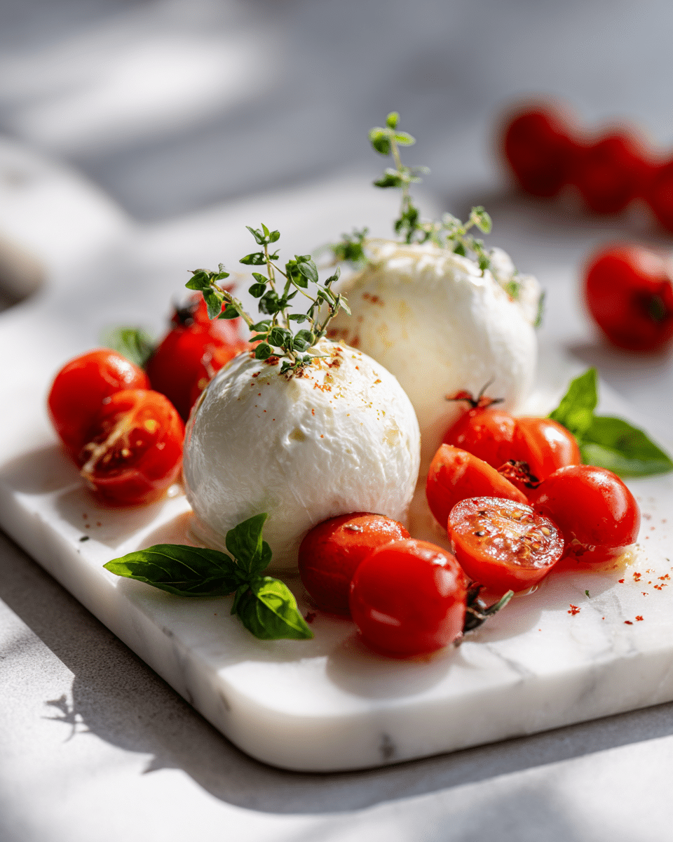 Fresh burrata cheese with ripe tomatoes and basil leaves.