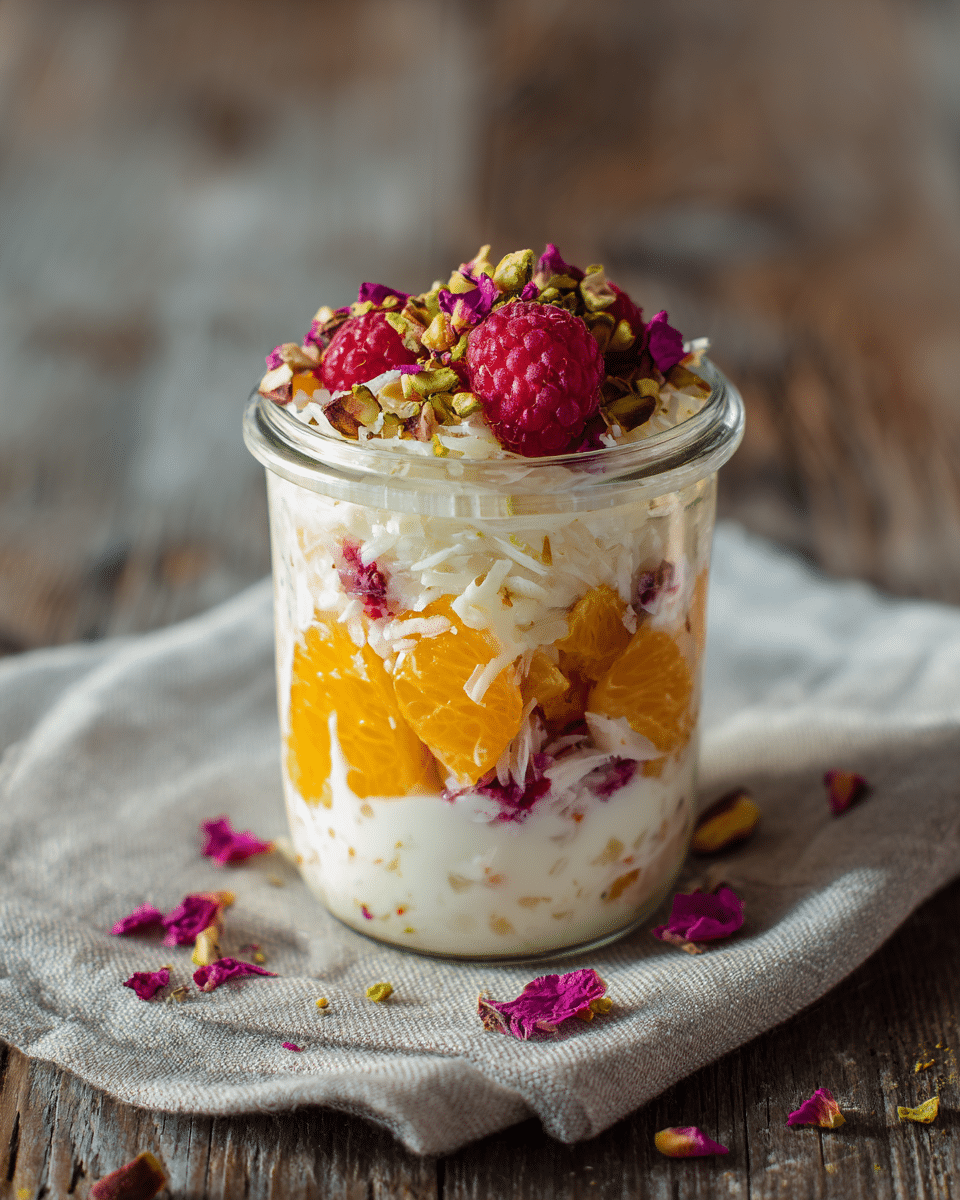 Modern ambrosia salad layered in a small glass jar with pistachio topping