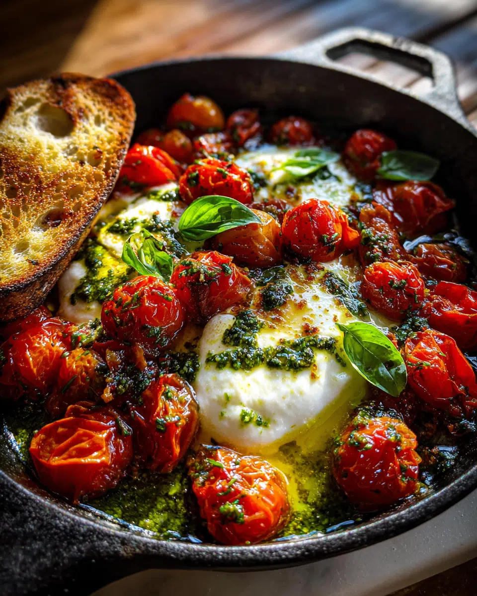 Skillet Baked Burrata with Tomatoes and Pesto in Cast-Iron Skillet
