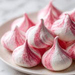 strawberry aquafaba meringue kisses with pink swirls