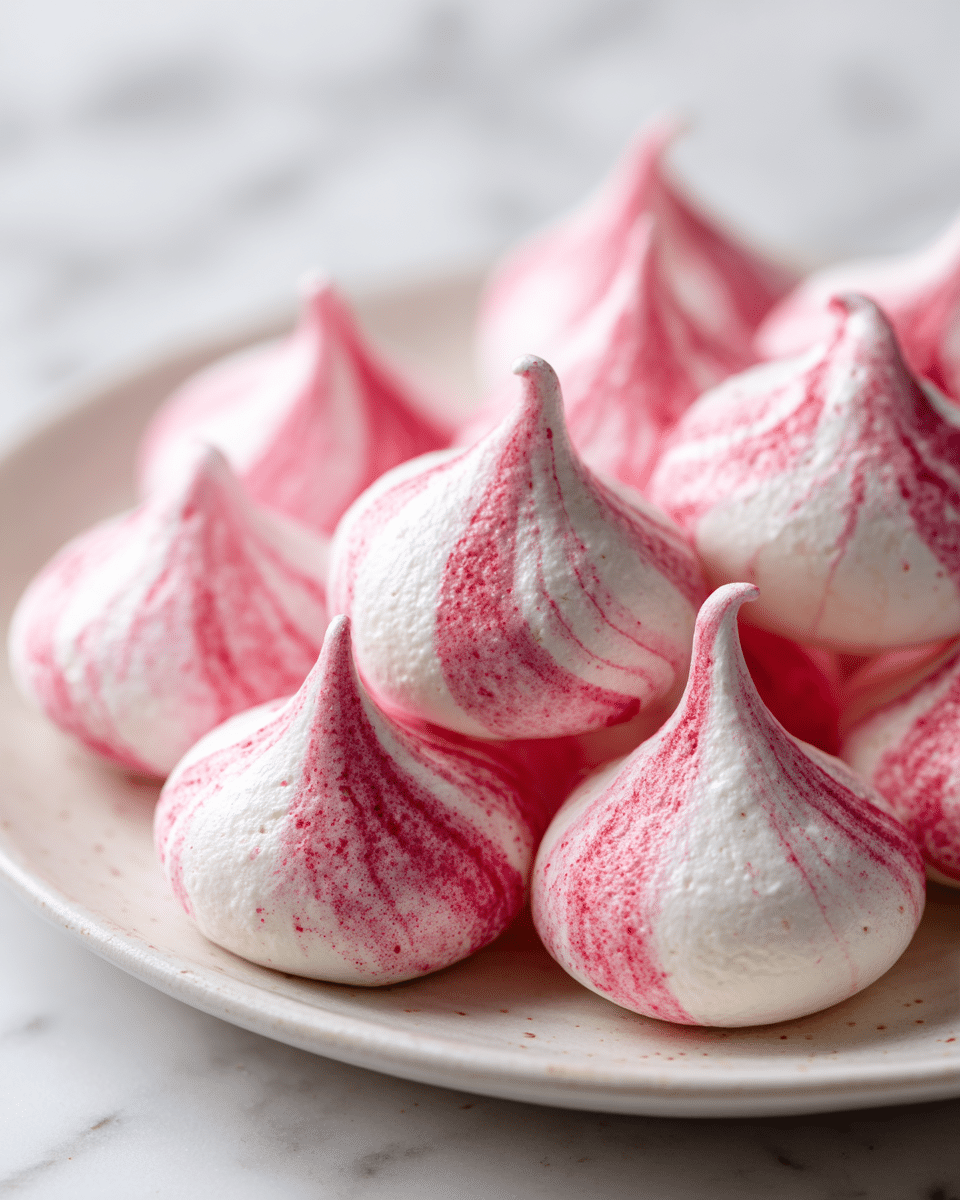 strawberry aquafaba meringue kisses with pink swirls