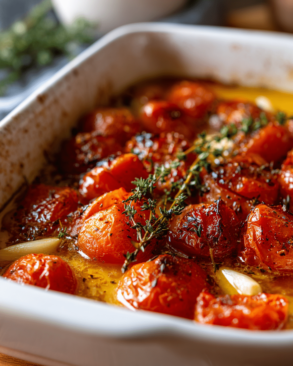 Tomato confit roasting in olive oil with garlic and herbs.