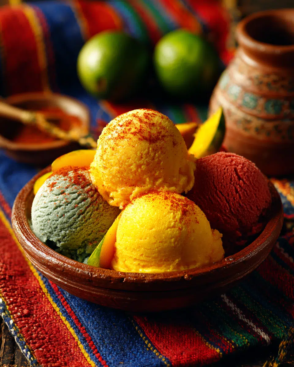 Traditional Mexican ice cream cart with colorful paletas and tropical flavors