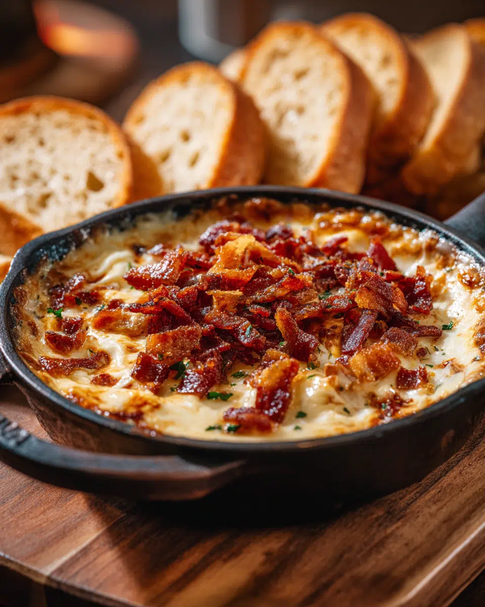 smoked gouda dip with bacon and caramelized onion in cast iron