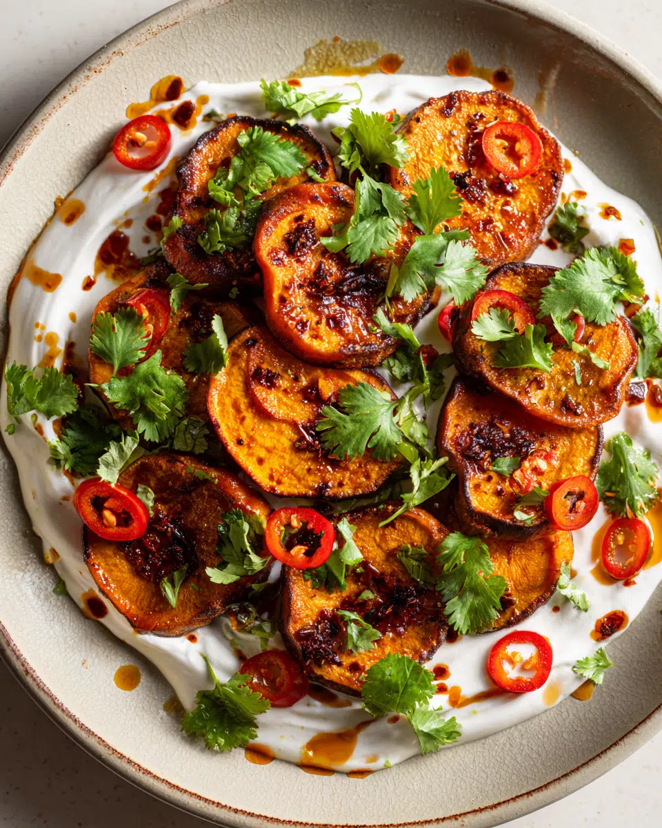 Chili Crisp Sweet Potatoes Plated with Yogurt and Herbs