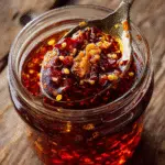 Homemade chili crisp in a spoon over glass jar