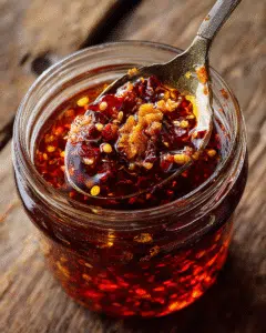 Homemade chili crisp in a spoon over glass jar