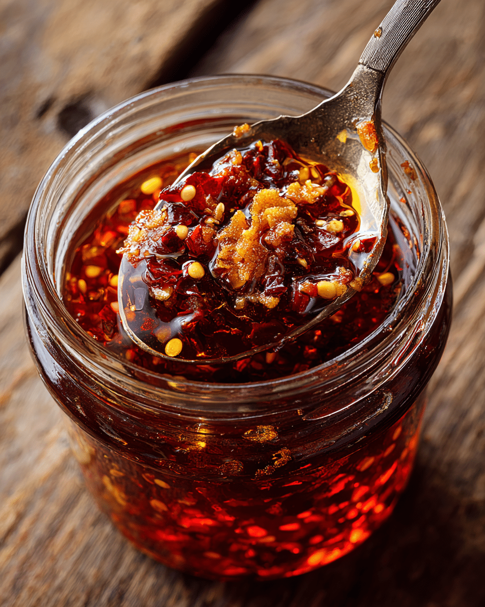 Homemade chili crisp in a spoon over glass jar