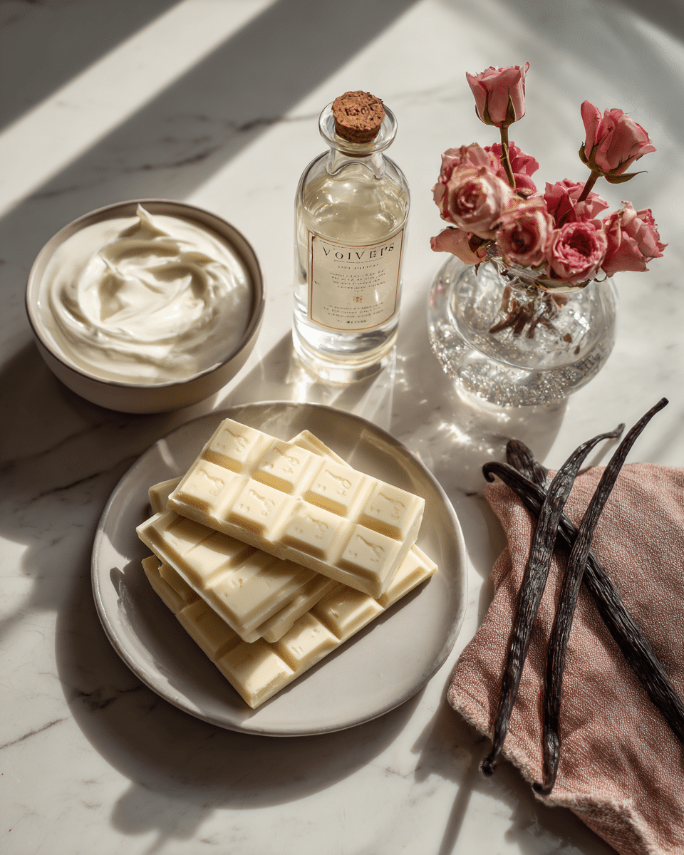 ingredients for white chocolate and rose mousse tart