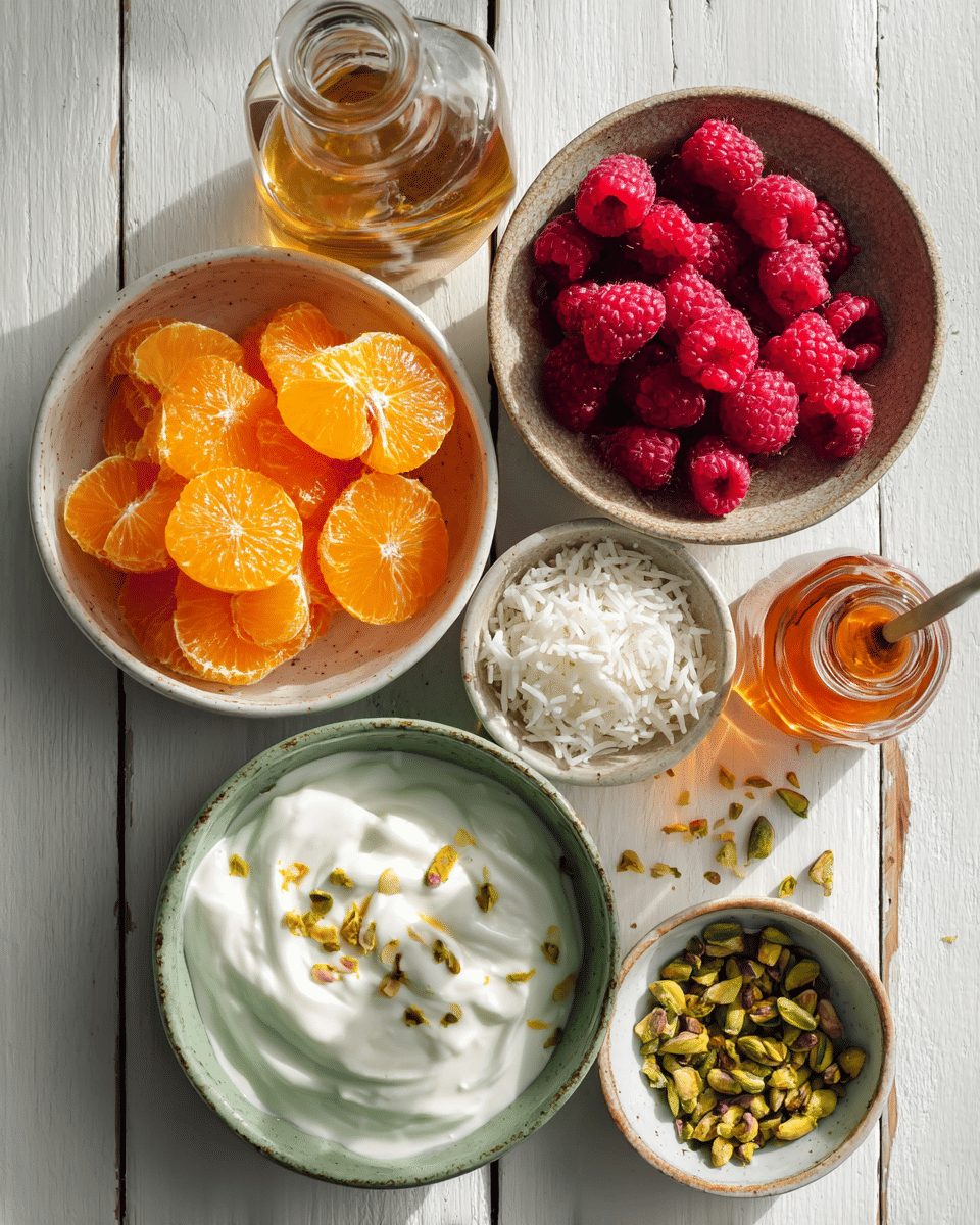 Ambrosia salad ingredients including citrus, berries, rosewater, and pistachios