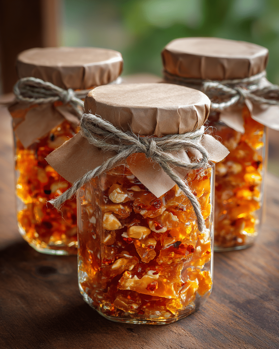 Spicy peanut brittle in glass jars wrapped with kraft paper and twine