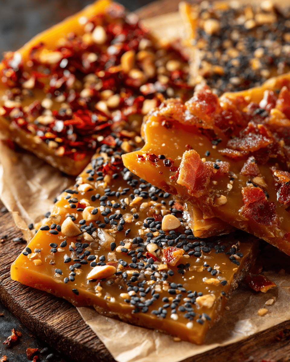 Three spicy peanut brittle variations with chili flakes, bacon, and sesame