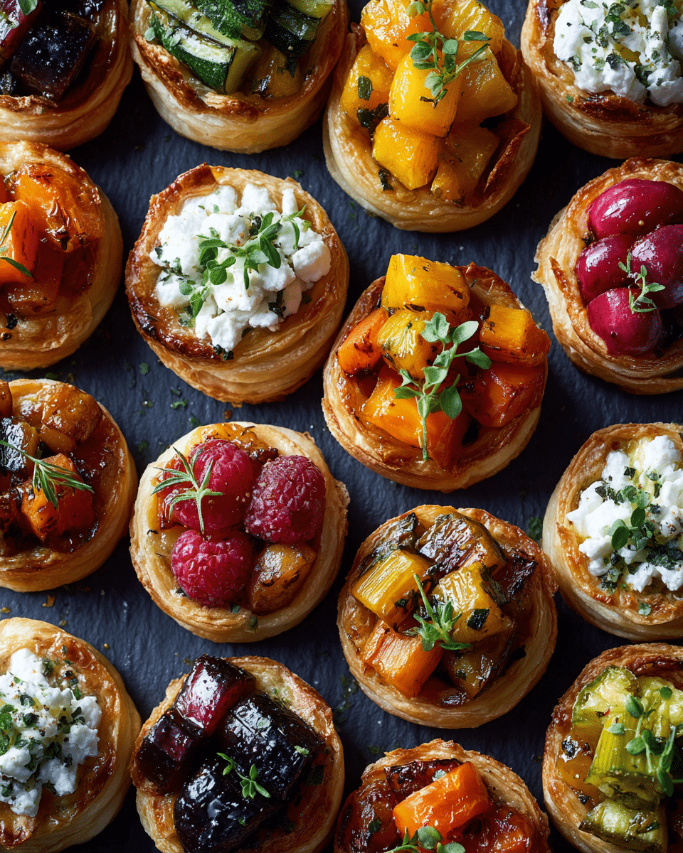 mini upside-down puff pastry tart variations on display