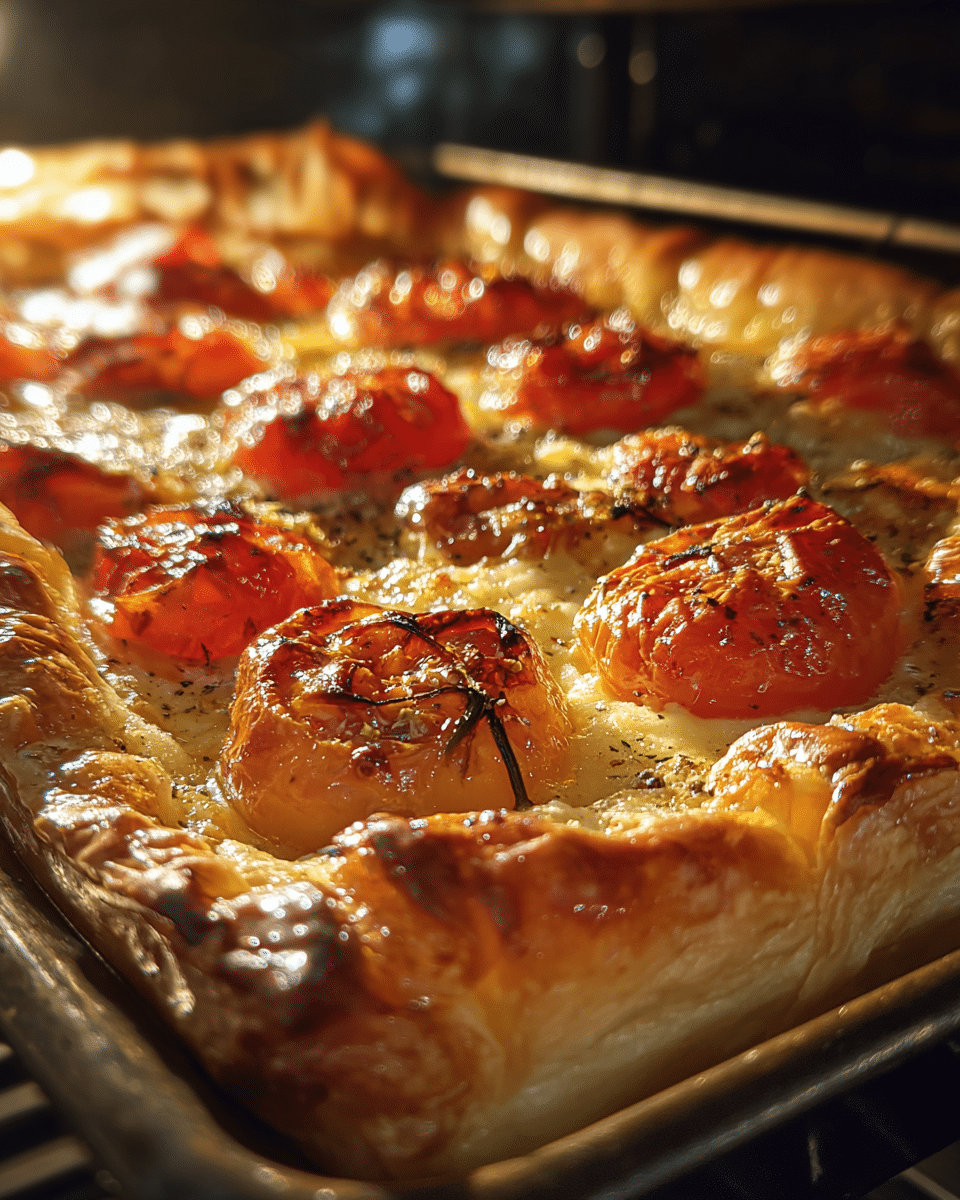 upside-down puff pastry tart baking in oven with golden cheese