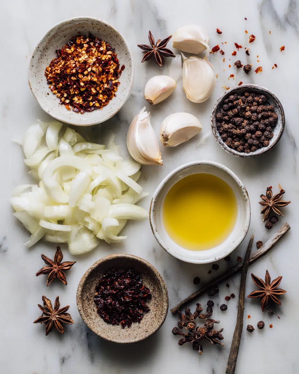 Ingredients for homemade chili crisp laid out