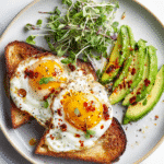 Chili crisp eggs with toast and avocado