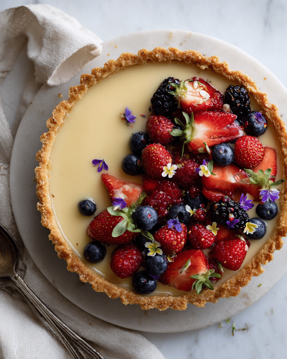 whole earl grey panna cotta tart overhead view