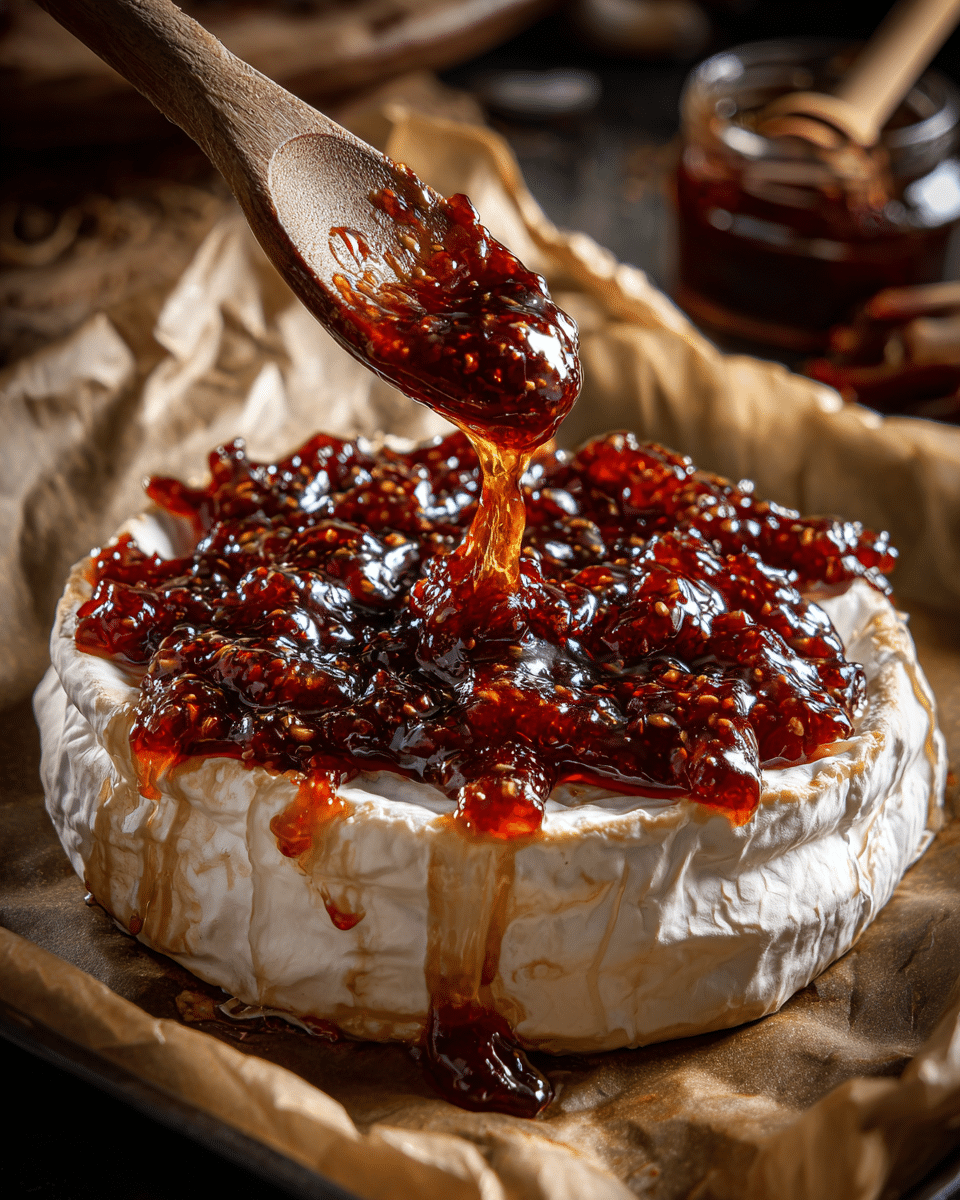 Fig jam being added to brie before baking