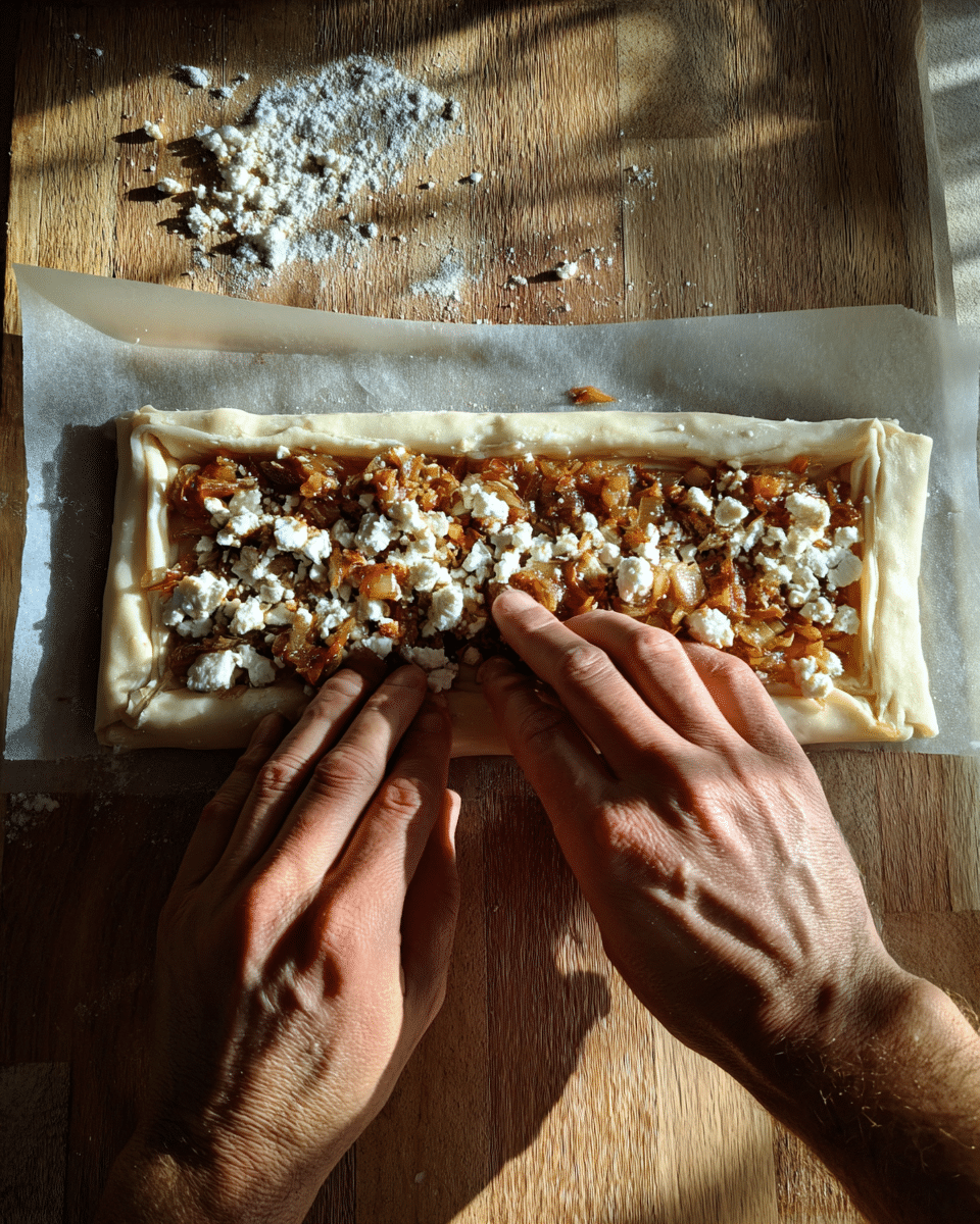 assembling an upside-down puff pastry tart with onions and cheese