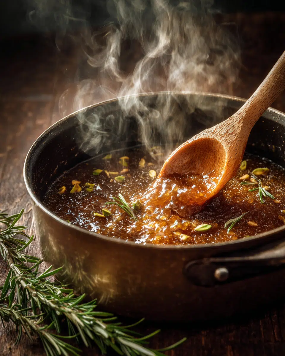 making-feta-brittle-process.jpg stirring feta pistachio brittle sugar mixture