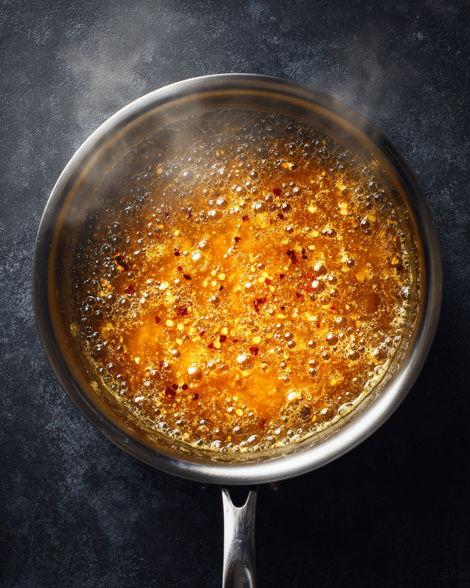 Bubbling spicy peanut brittle caramel in pan on stovetop
