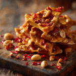 Spicy peanut brittle with chili flakes and peanuts on a wooden board