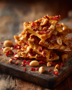 Spicy peanut brittle with chili flakes and peanuts on a wooden board
