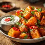 Chili Crisp Sweet Potatoes with Lime Yogurt Dip