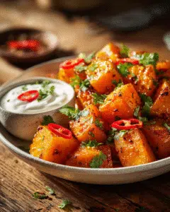 Chili Crisp Sweet Potatoes with Lime Yogurt Dip