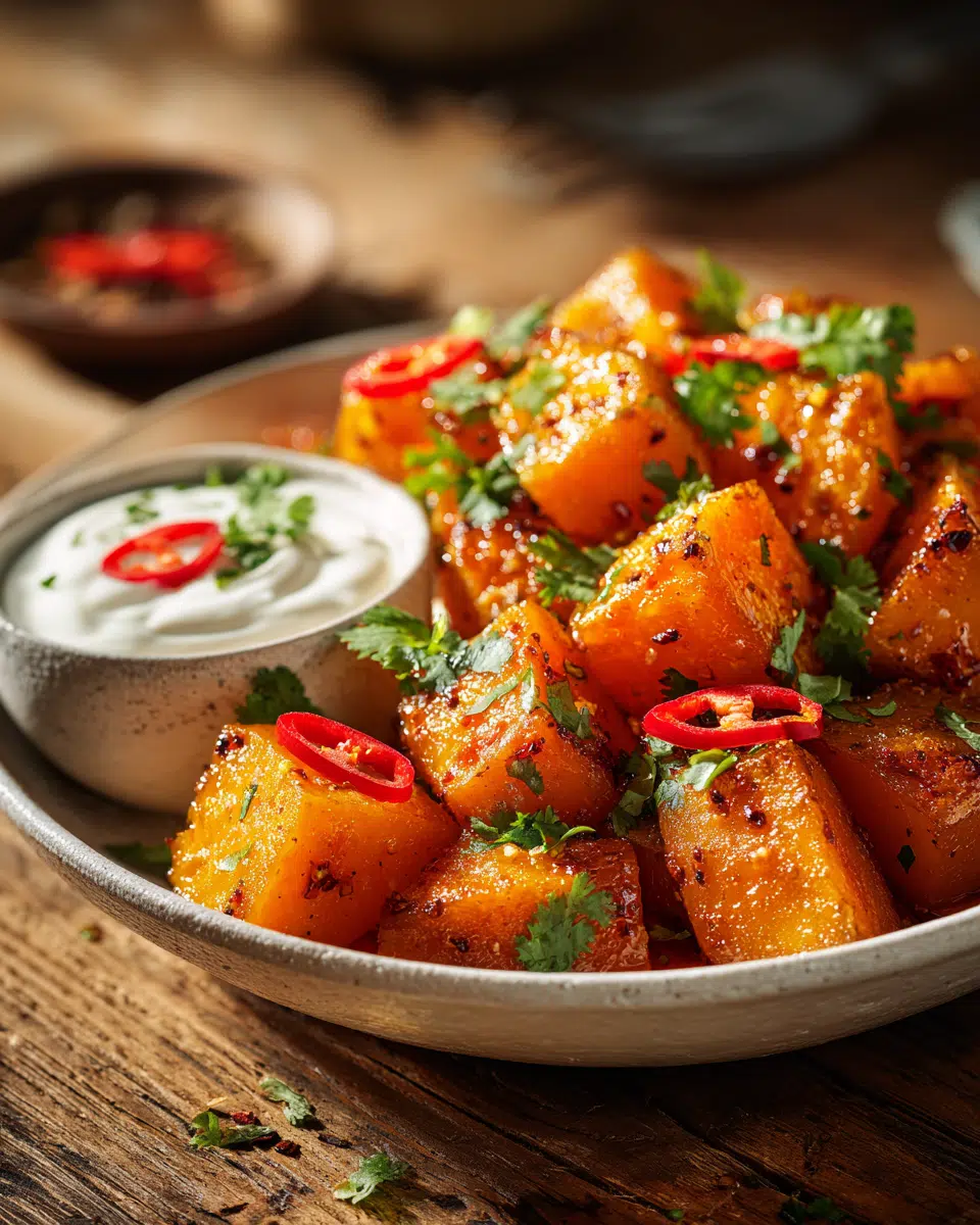 Chili Crisp Sweet Potatoes with Lime Yogurt Dip