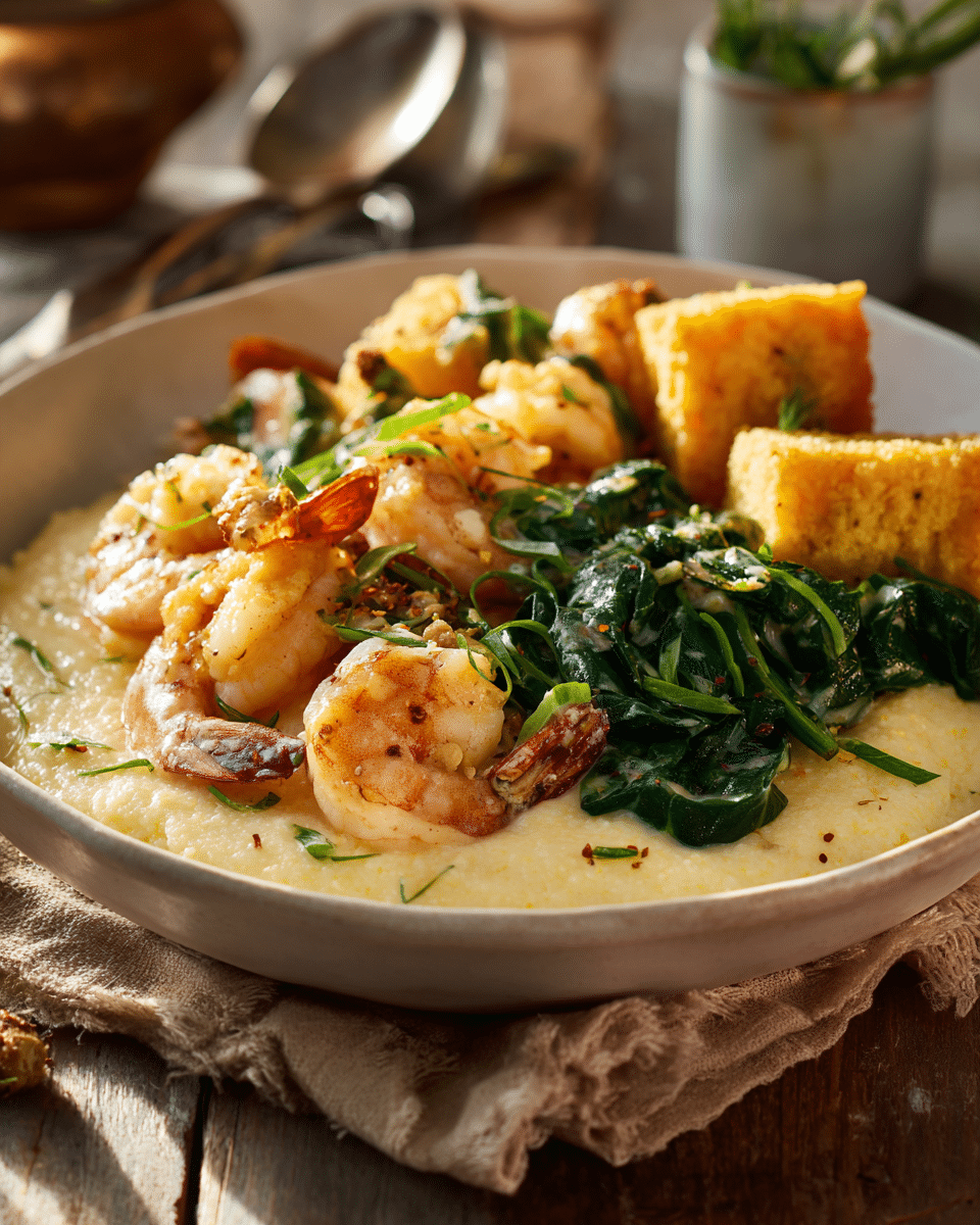 southern shrimp and grits meal with cornbread and collard greens