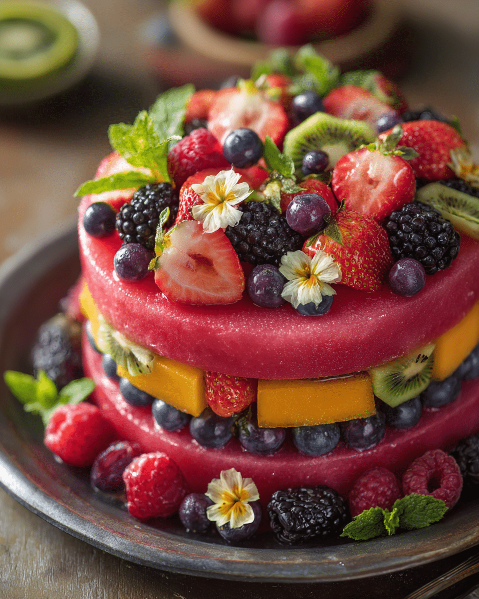 watermelon cake with fresh fruit and mint on rustic table