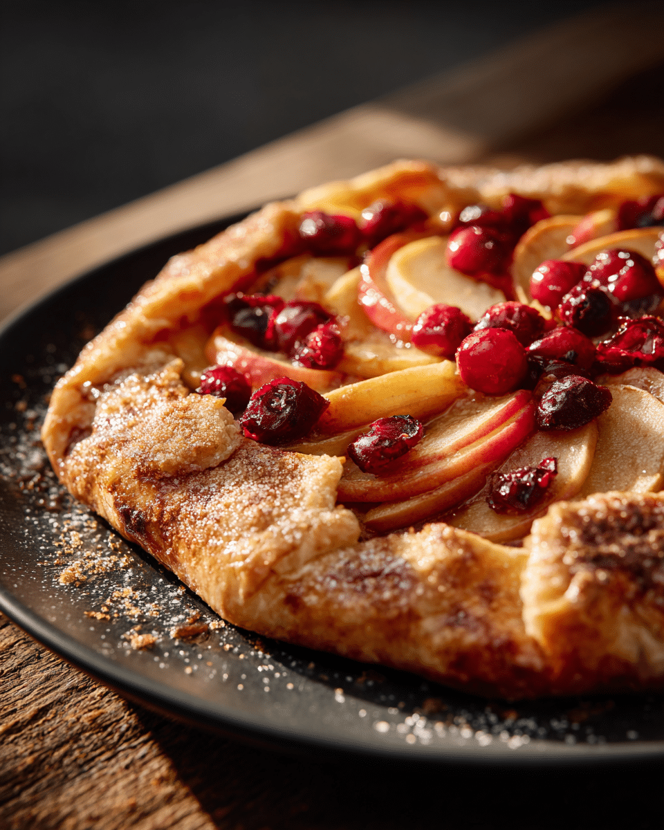 Apple Cranberry Galette with golden flaky crust on black plate
