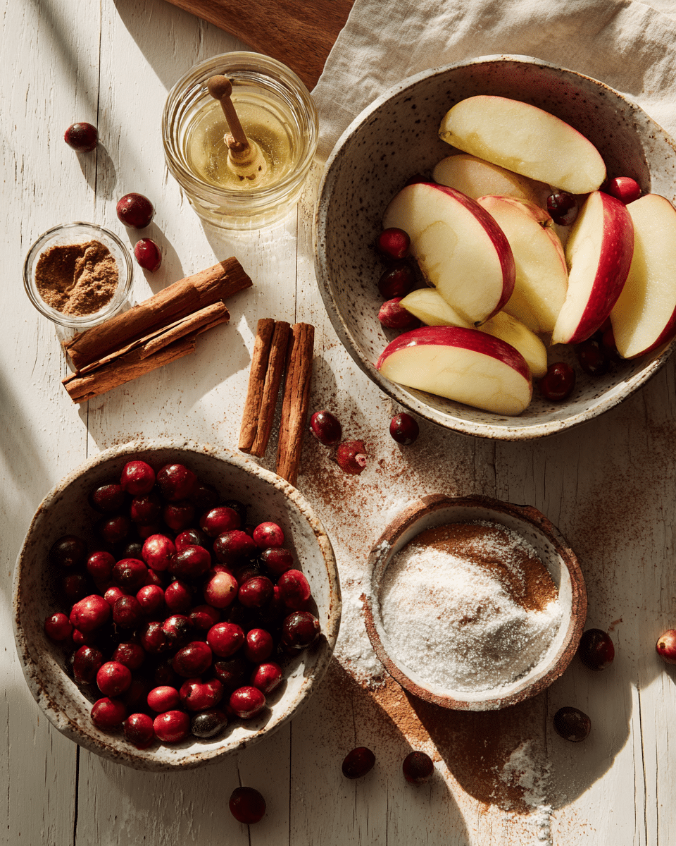 Ingredients for Apple Cranberry Galette with sliced apples, cranberries, sugar, and spices