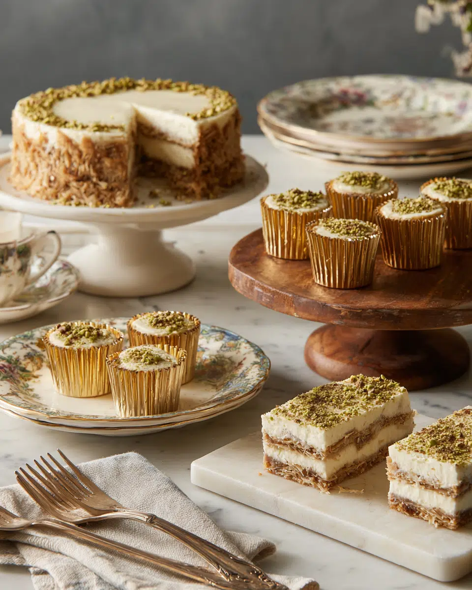 Three ways to serve baklava pistachio cheesecake: round, mini, and sliced