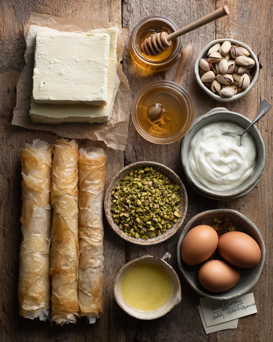 Cheesecake ingredients laid out for baklava pistachio dessert