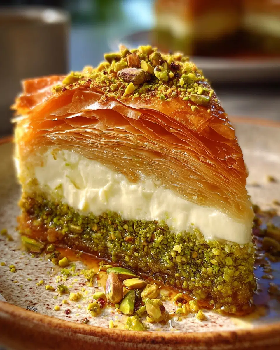 Slice of tall baklava pistachio cheesecake with crisp filo and honey drizzle