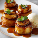 Upside-Down Banana Tarte Tatin Bites served with ice cream and caramel.
